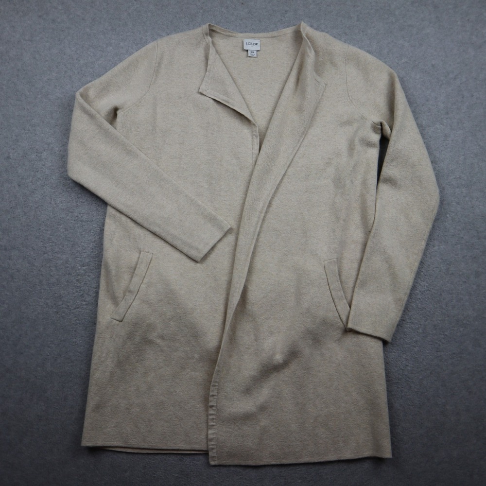 J.Crew Cardigan Womens XS Open Front Beige Cotton Knit Pockets Sweater Casual
